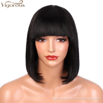 Vigorous High Quality Short Bob With Flat Bangs Wigs12 Inches Straight Black Human hair Wigs for White Women Wholesale Price